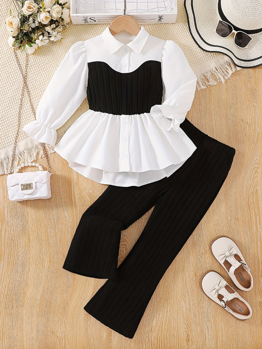 Girls Elegant & Stylish Puff Sleeve Lapel Collar Knit Stitching Shirt And Pants Set