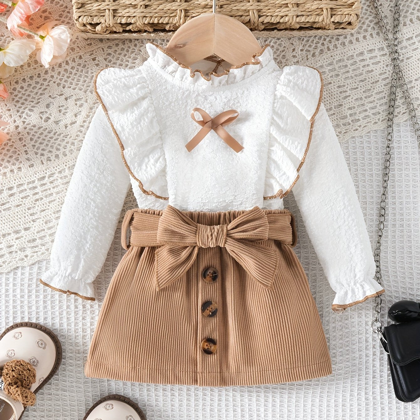 Chic Toddler Girls' Solid Color Lace-Trim Long Sleeve Top & Skirt Set