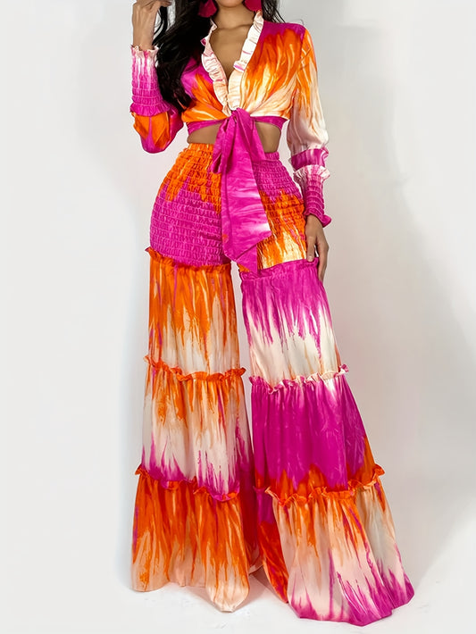 Command & Chic Tie-Dye Spliced Long Sleeve Top and Wide-Leg Pants