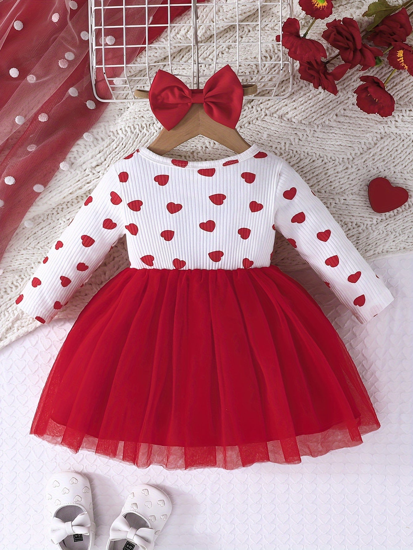 Girls' Cute Heart Pattern Long Sleeve Tulle Dress with Bow Headband