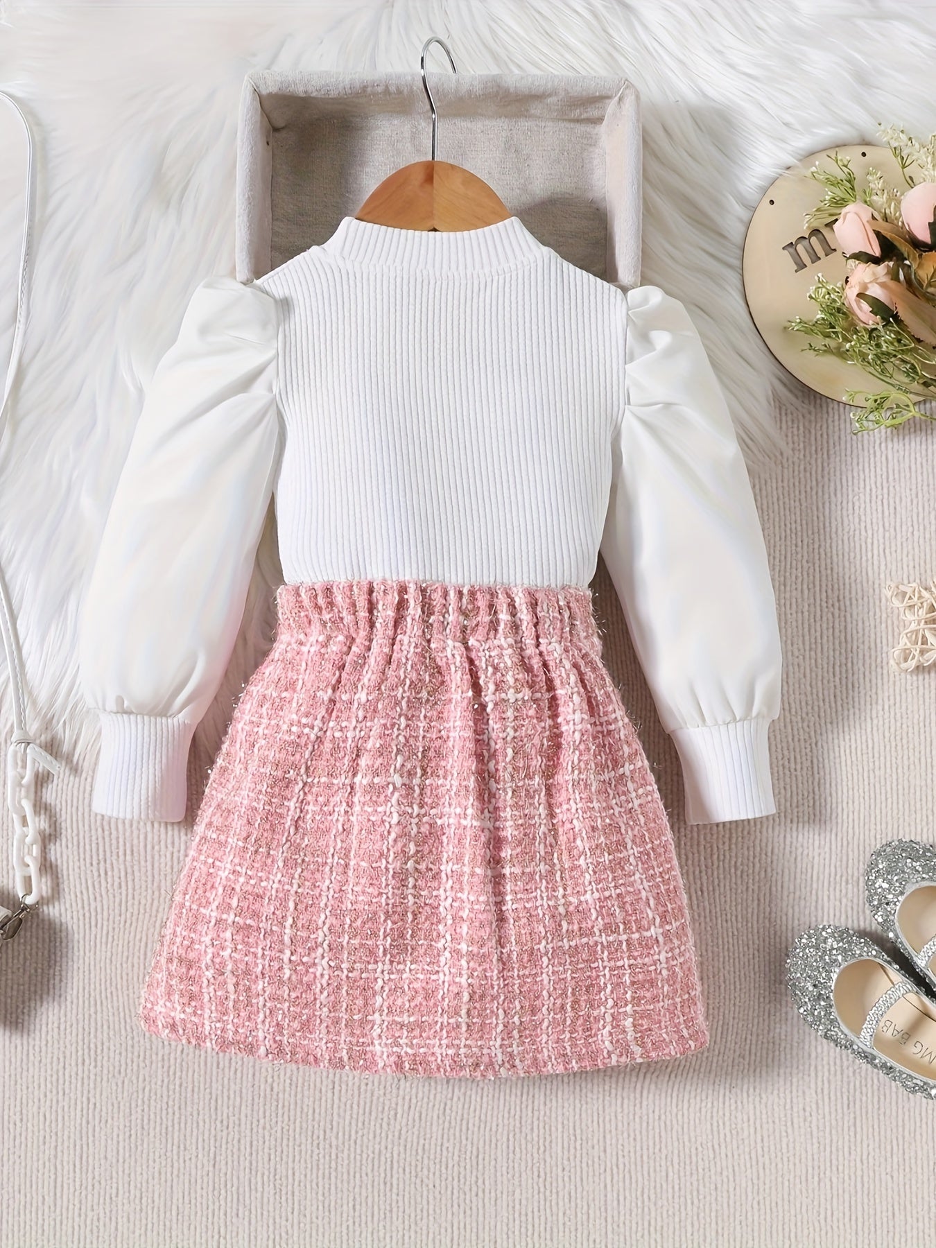 Elegant Puff-Sleeve Blouse Top & Tweed Knit Skirt