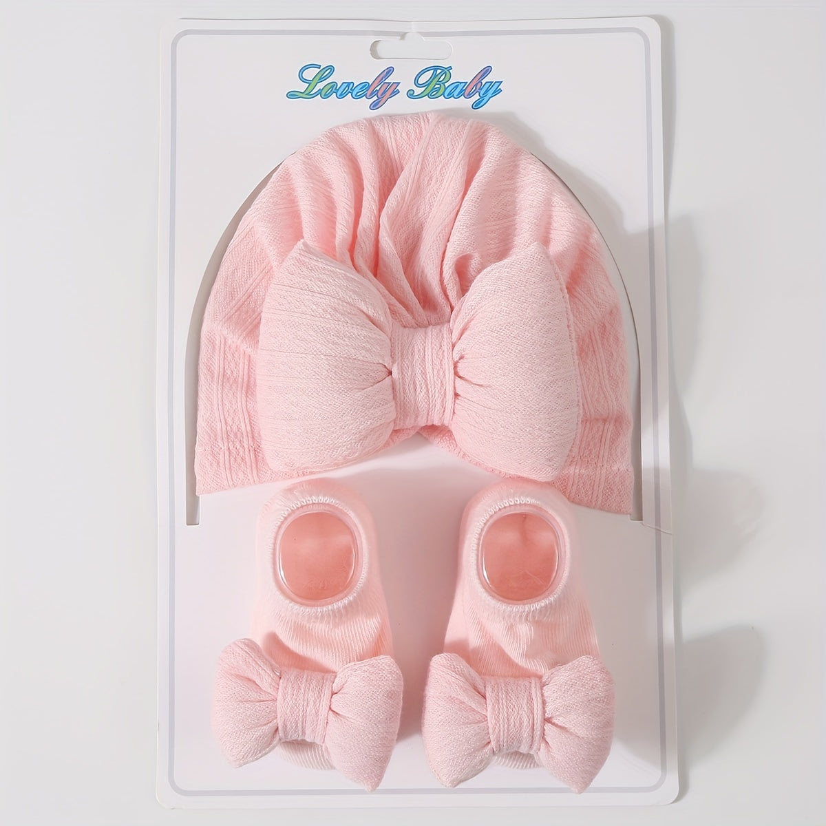 Two Piece  Newborn Knit Fleece Bow Hat & Sock Set