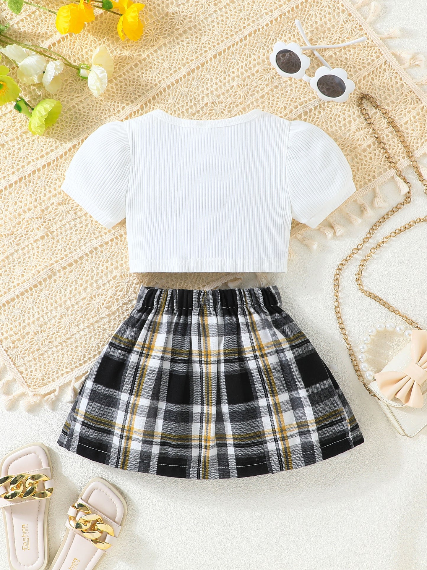 Little Girl's Plaid Bowknot Short Sleeve Top & dress