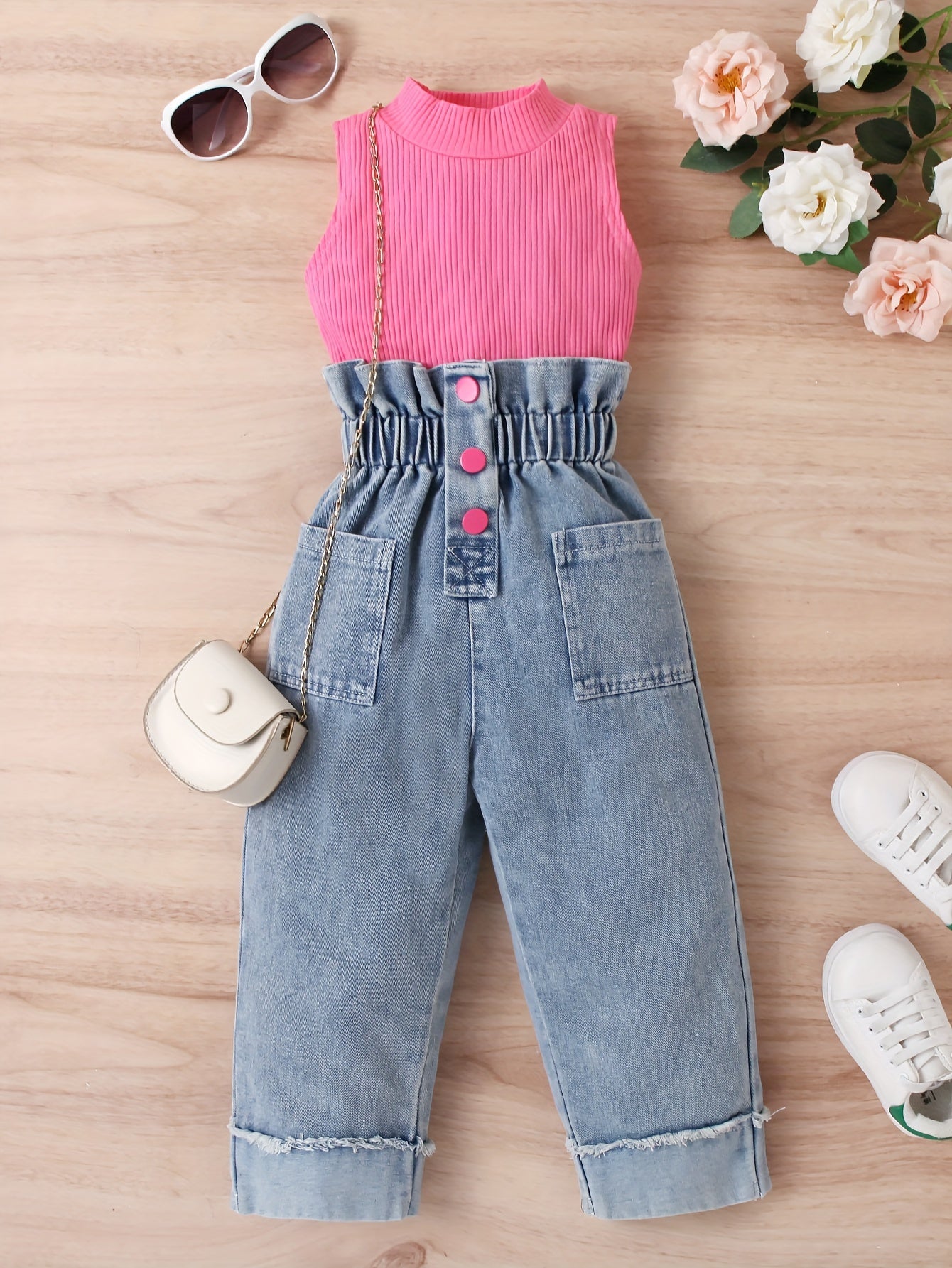 Girls Solid Sleeveless Top  Button Decor Paperbag Waist Denim Pants Set