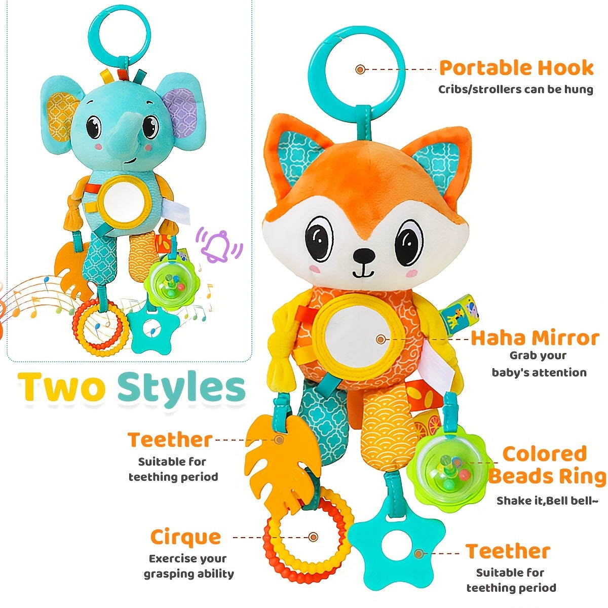 Adorable Cartoon Animal Crib Hanging Rattle Toy with Ringing Bell