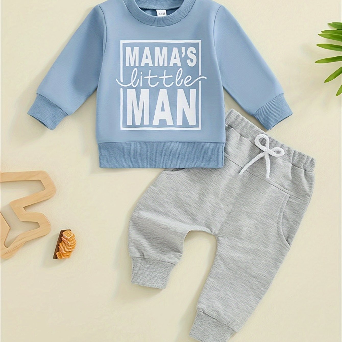 Baby's "Mama's Little Man" Print Sweatshirt & Casual Pants Outdoor Set