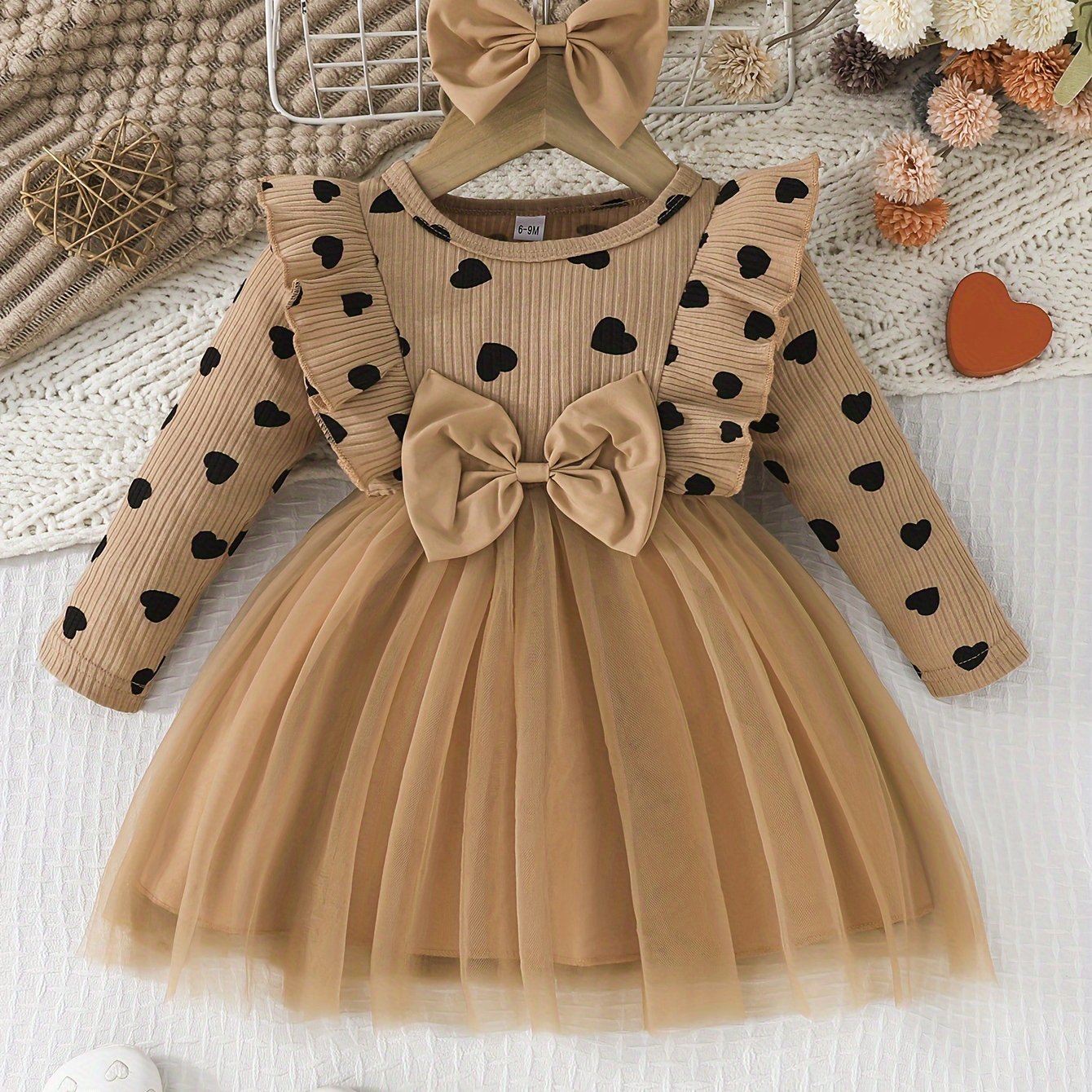 Girls' Cute Heart Pattern Long Sleeve Tulle Dress with Bow Headband