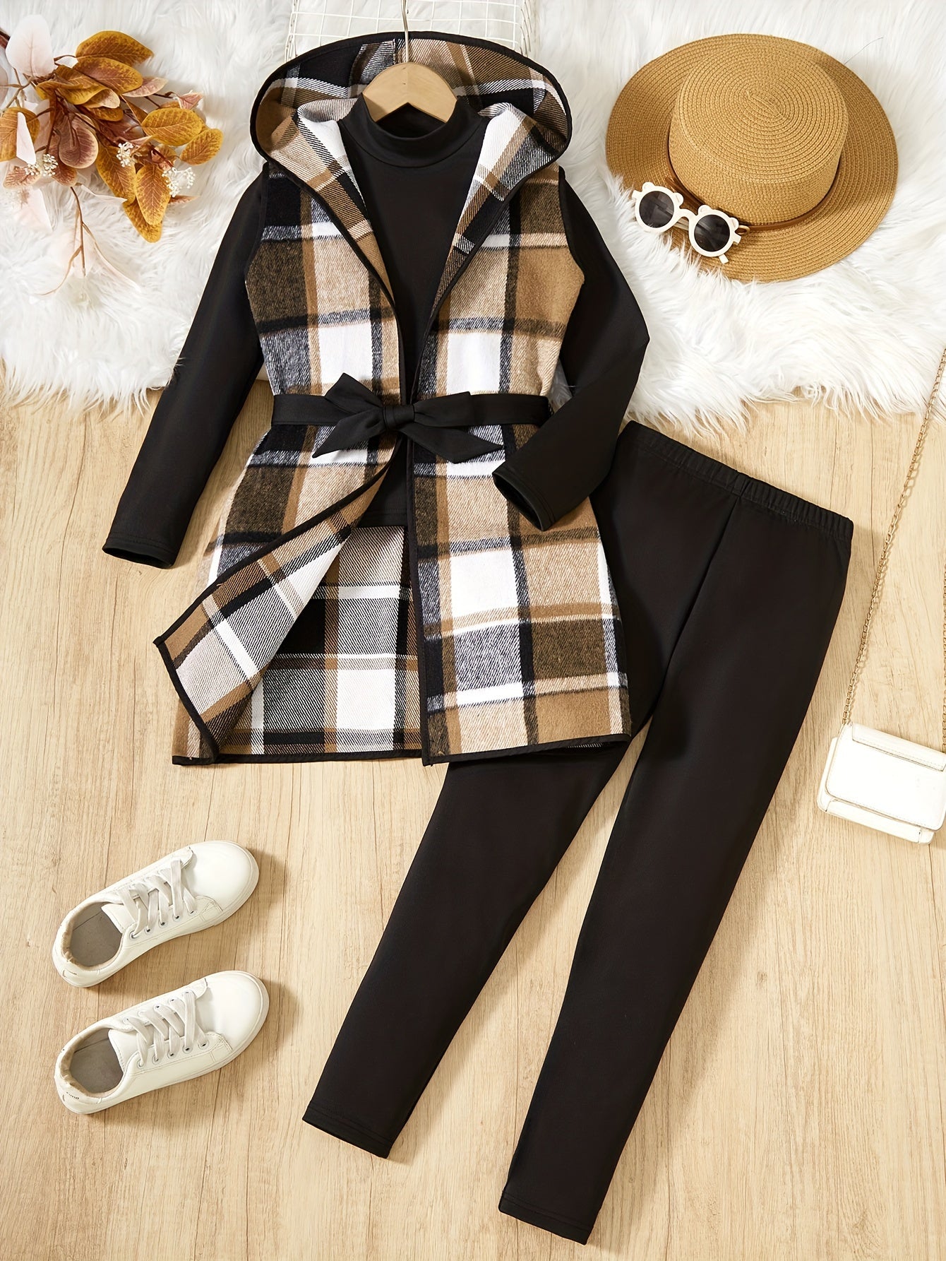 Elegant Plaid Hooded , Long Sleeve Pullover, Trousers