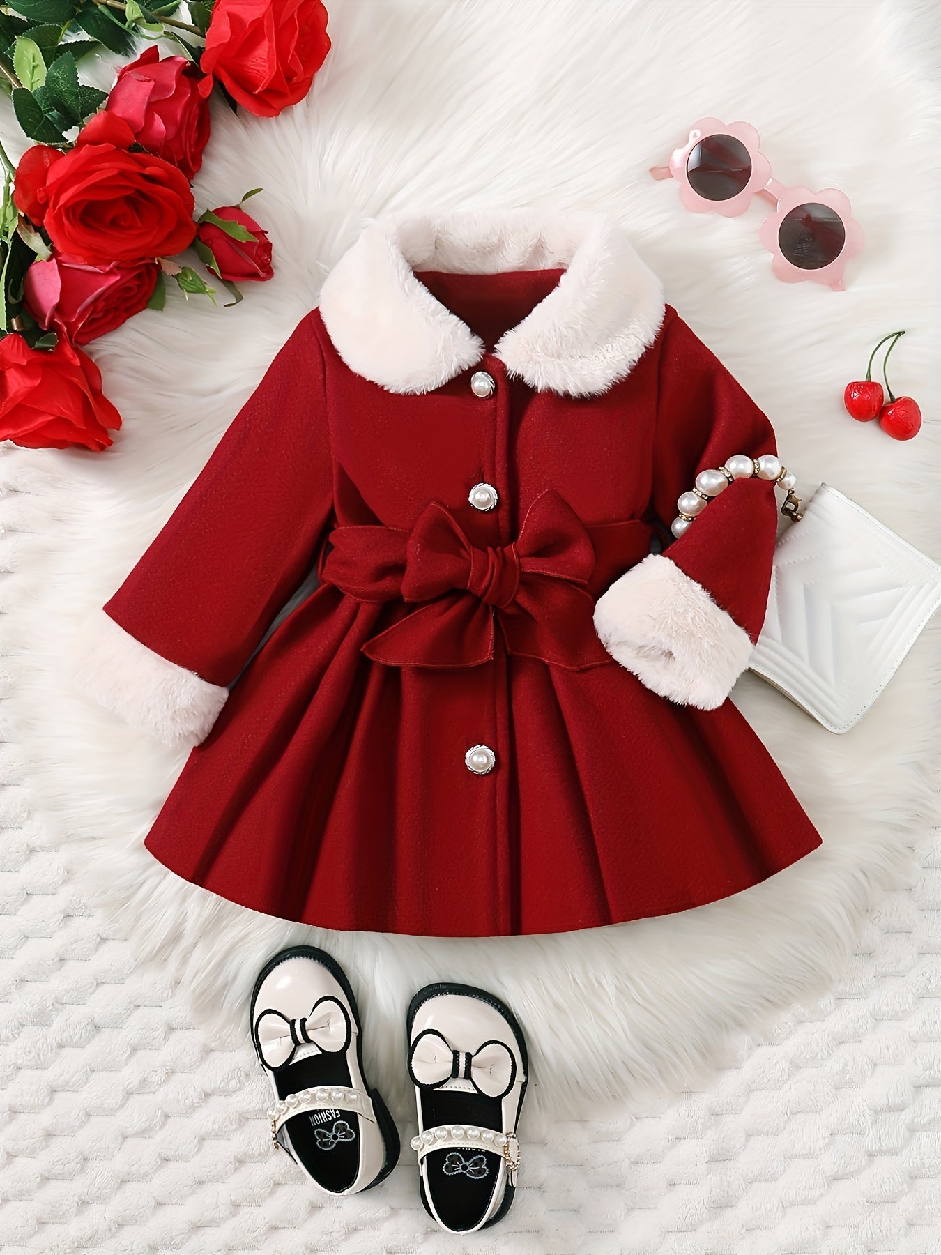 Baby's Elegant Fuzzy Collar Belted Coat, Button Front Warm Overcoat