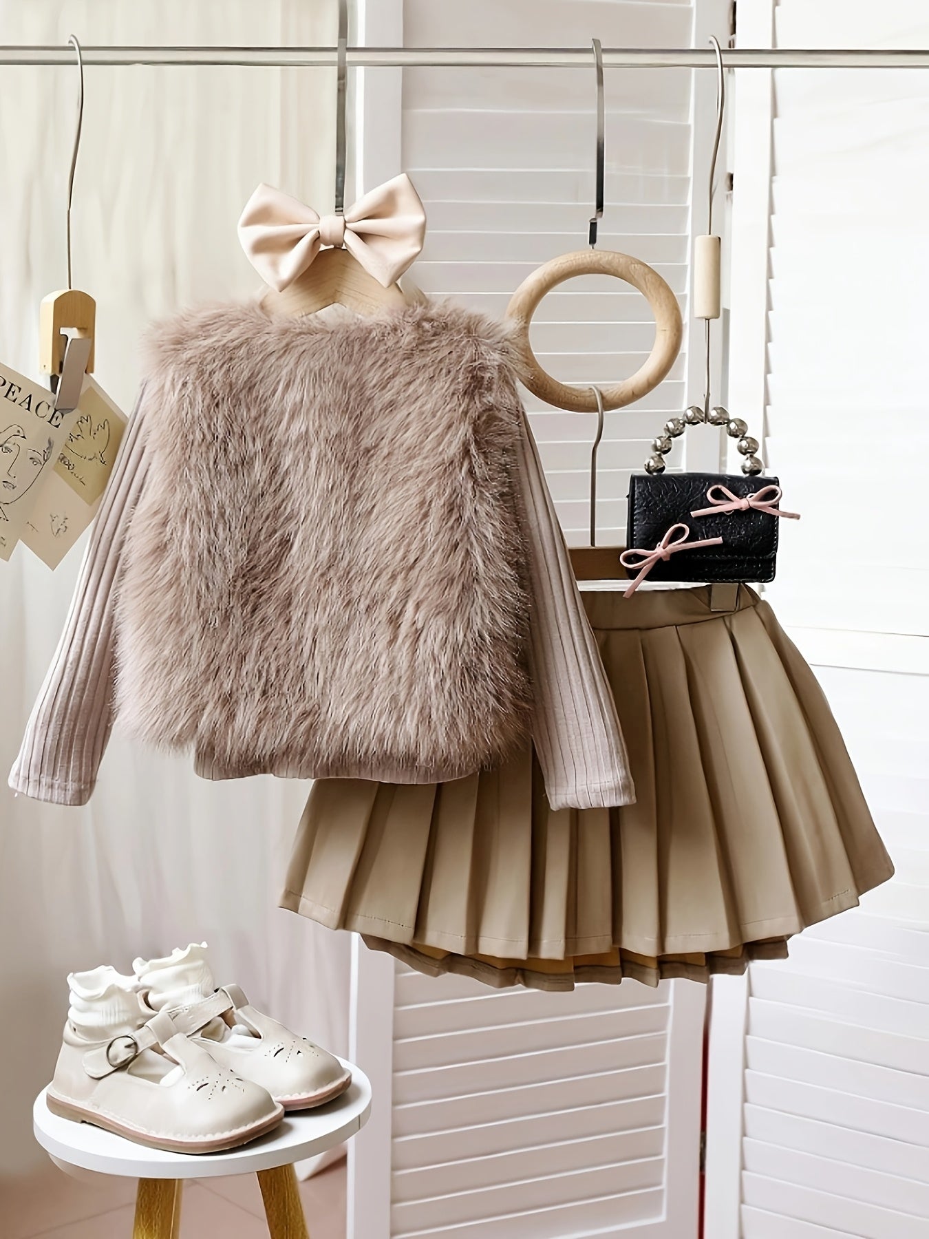 Cute Solid Color Polyester Sweater Dress with Long Sleeves, Bow Detail, and Skirt