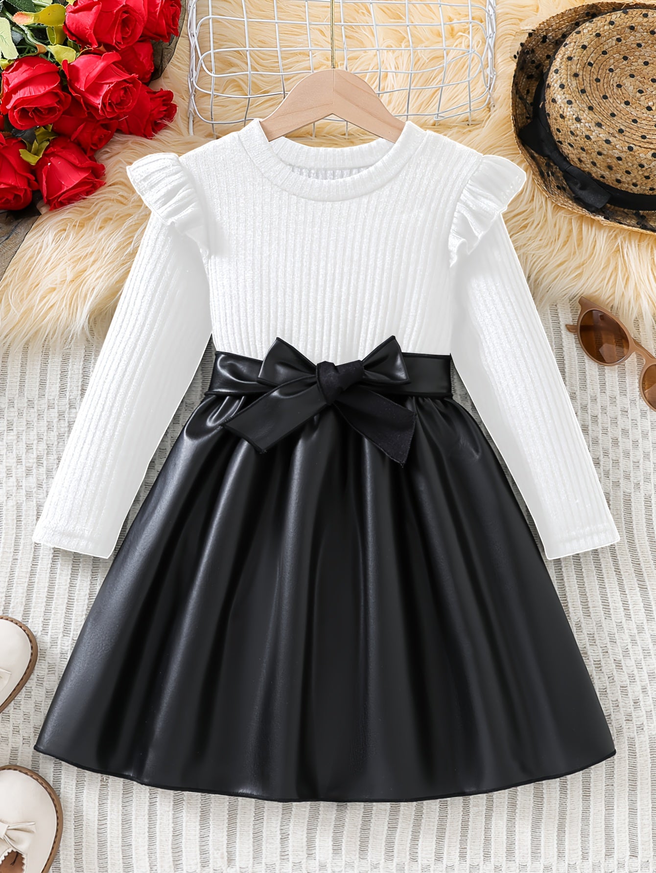 Chic Girls' Solid Color Ruffle-Trim Long Sleeve Dress with Belt