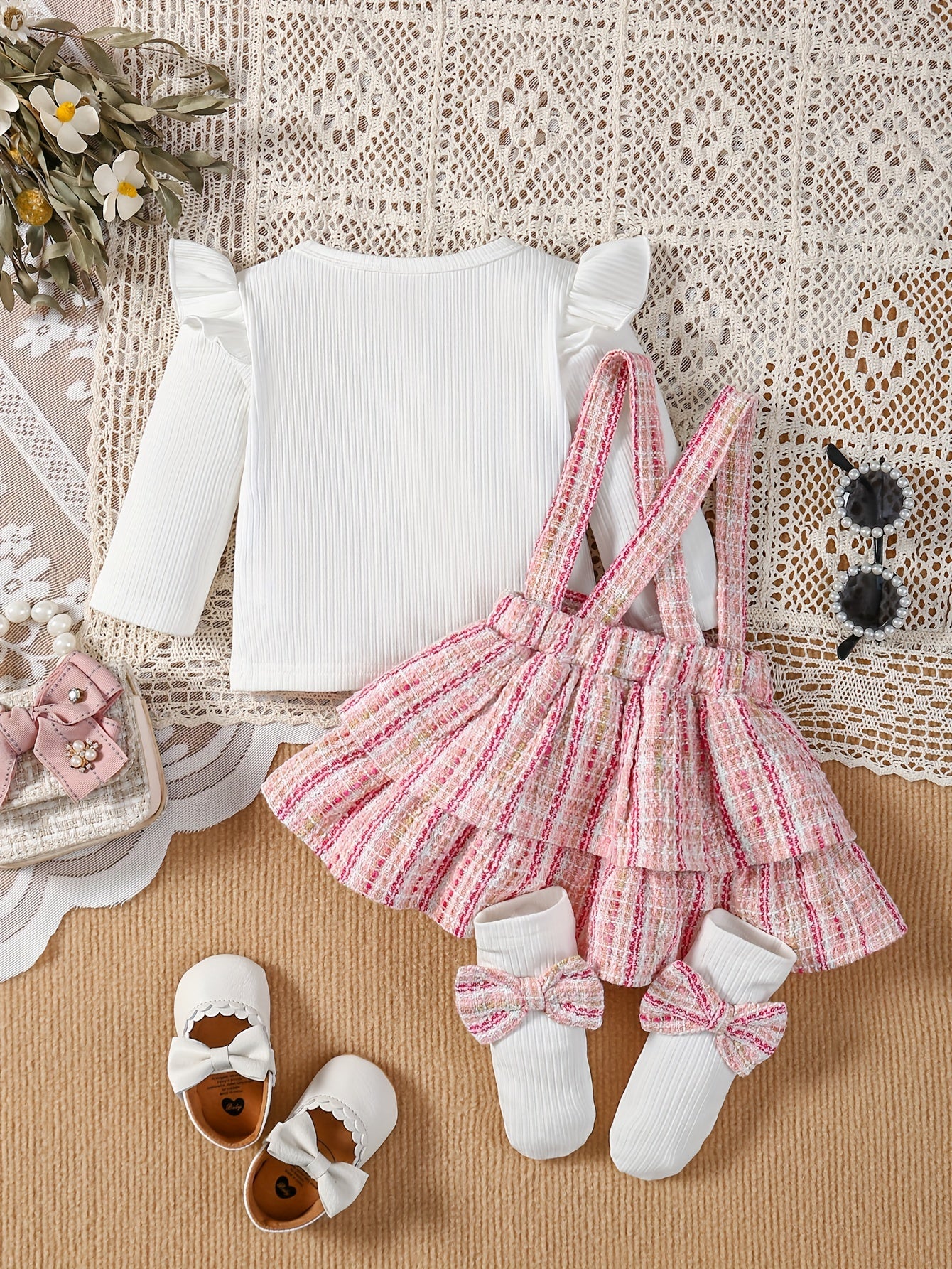 Baby's Elegant Bowknot Tweed Suspender Layered Skirt