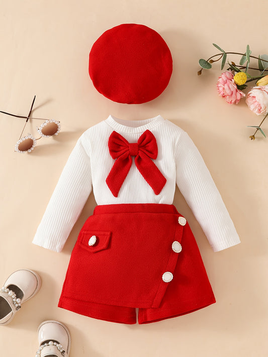 Baby Girl's Long Sleeves Bow Decor Ribbed Top + Creative Shorts With Delicate Buttons + Hat Co Ord Set