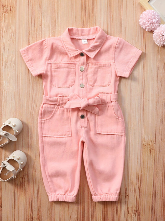 Toddler Girls Casual Button Down Denim Jumpsuit With Belt And Pockets