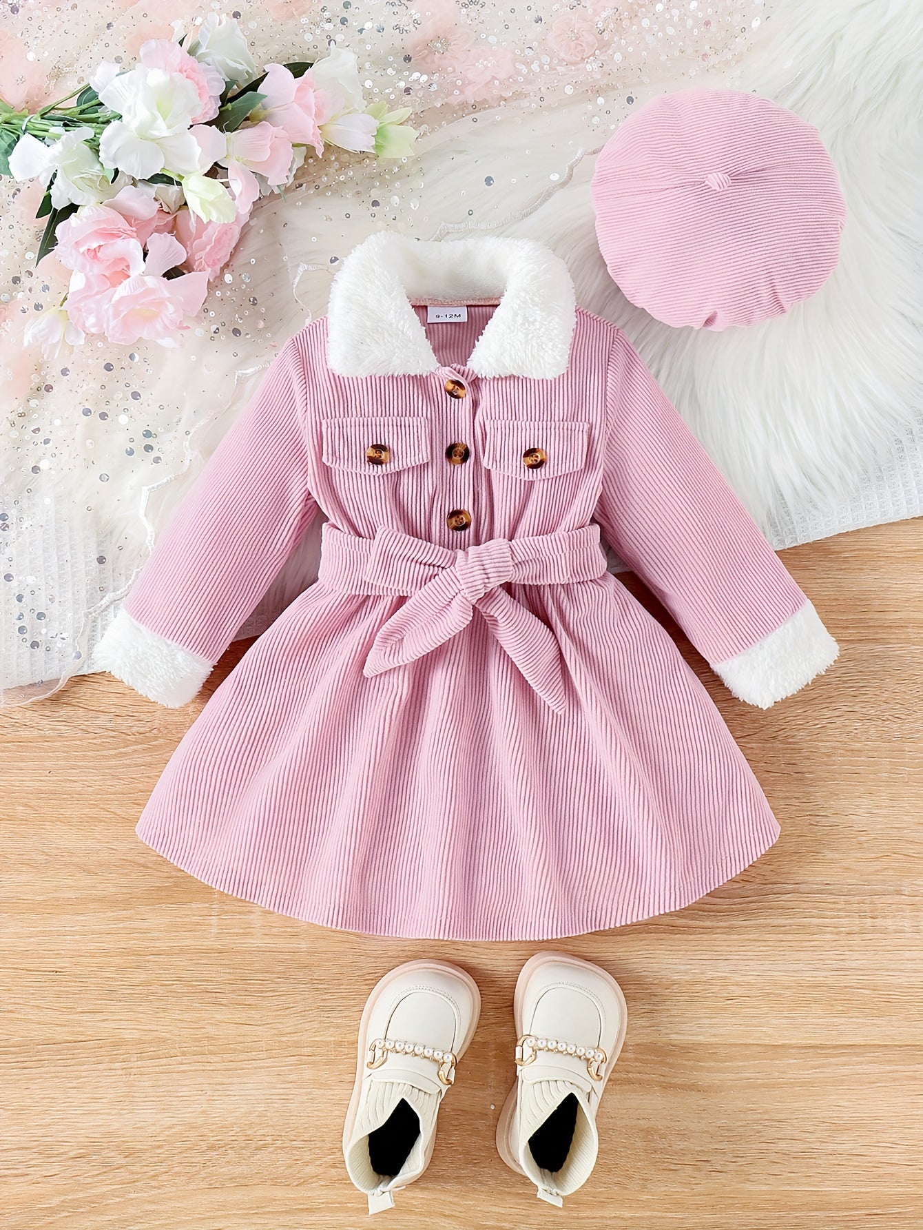 Baby's Elegant Fuzzy Collar Corduroy Long Sleeve Dress + Hat + Belt, Infant