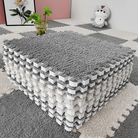 Plush Foam Floor Mat, Square Interlocking Fluffy Tiles With Border Play Mat