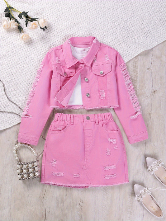 Girl's 1 Set Ripped Jean Jacket Top + Skirt Co-ords