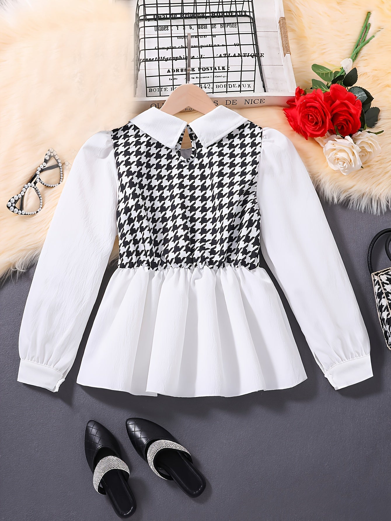 Stylish Outfit, Long Sleeve Lapel Collar Houndstooth Pattern Peplum Top & Solid Black Wide Leg Pants