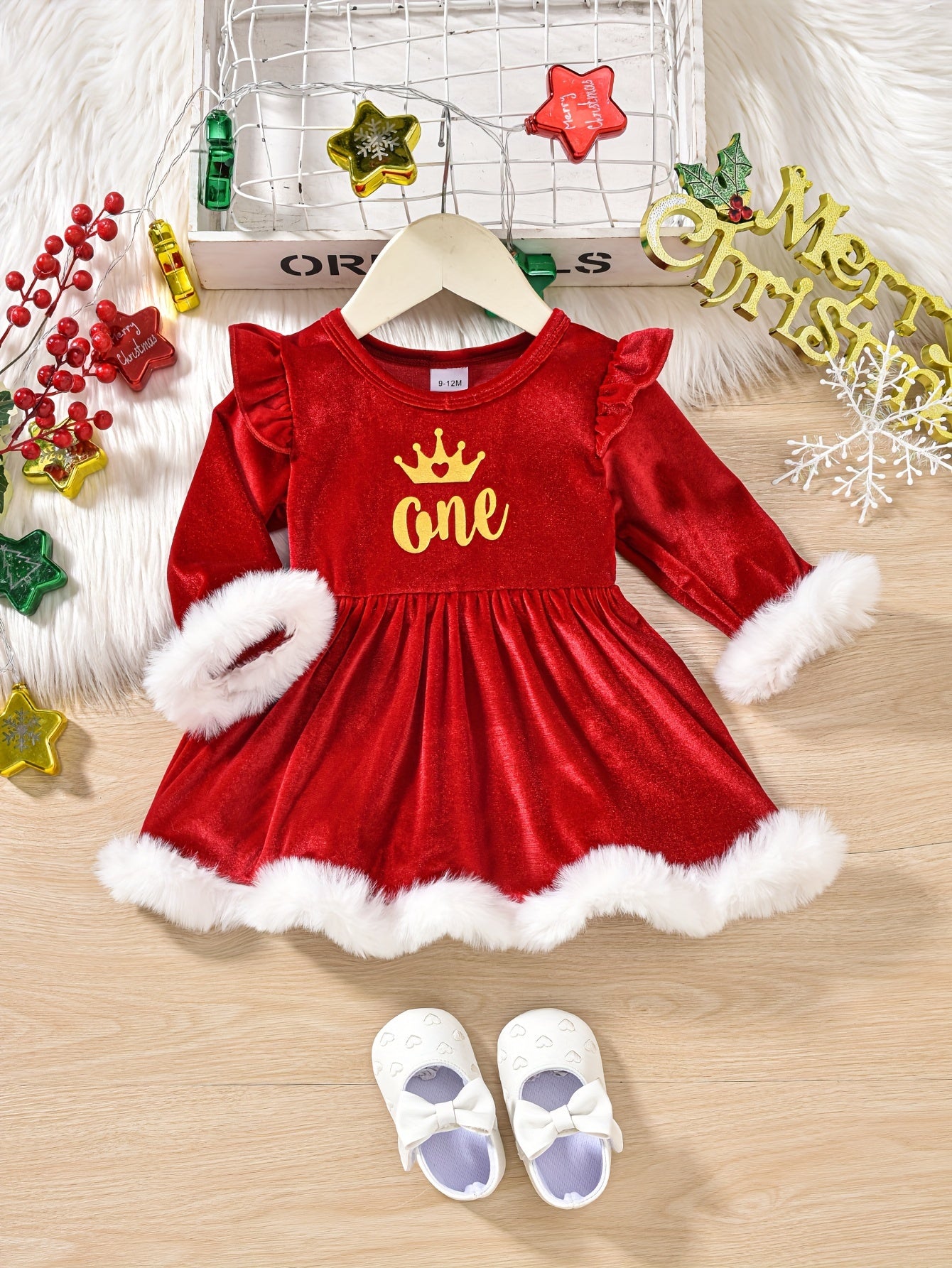 Baby Christmas Letter Print Plush Long Sleeve Triangle Bodysuit Hairball Hat Set