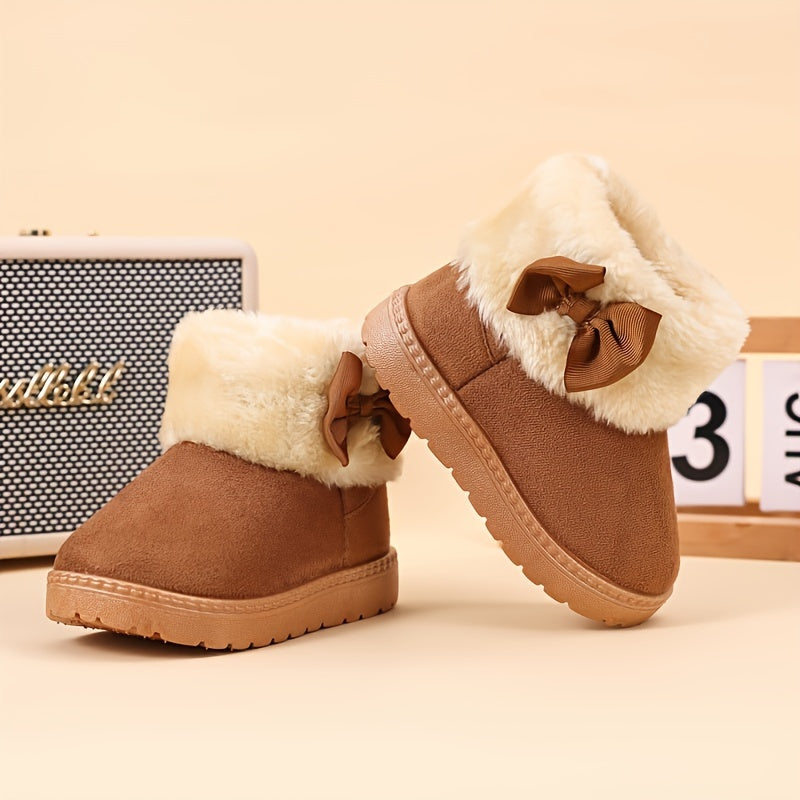 Trendy Cute Bowknot Decor Plus Fleece Snow Boots For Girls