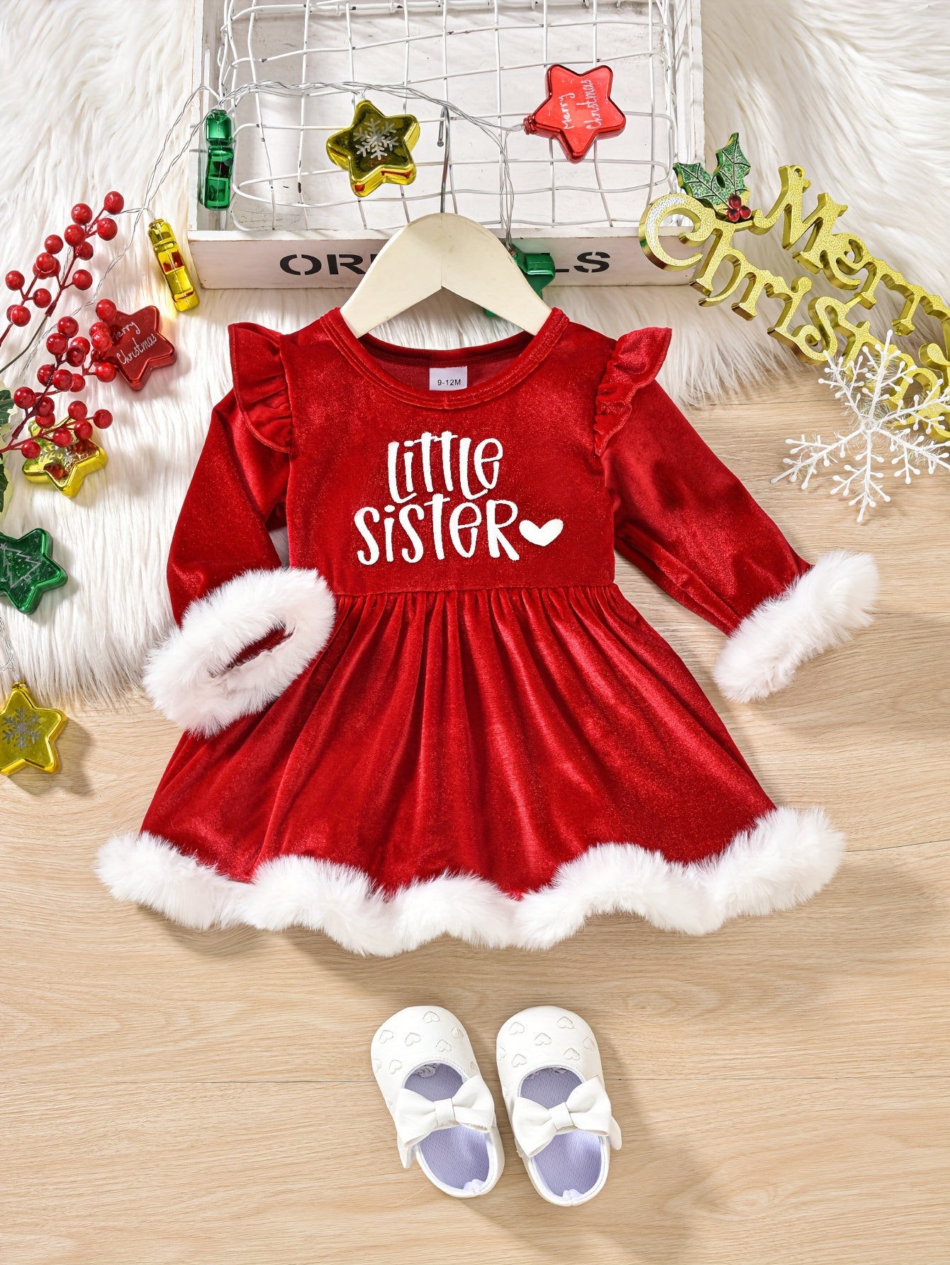 Baby Christmas Letter Print Plush Long Sleeve Triangle Bodysuit Hairball Hat Set