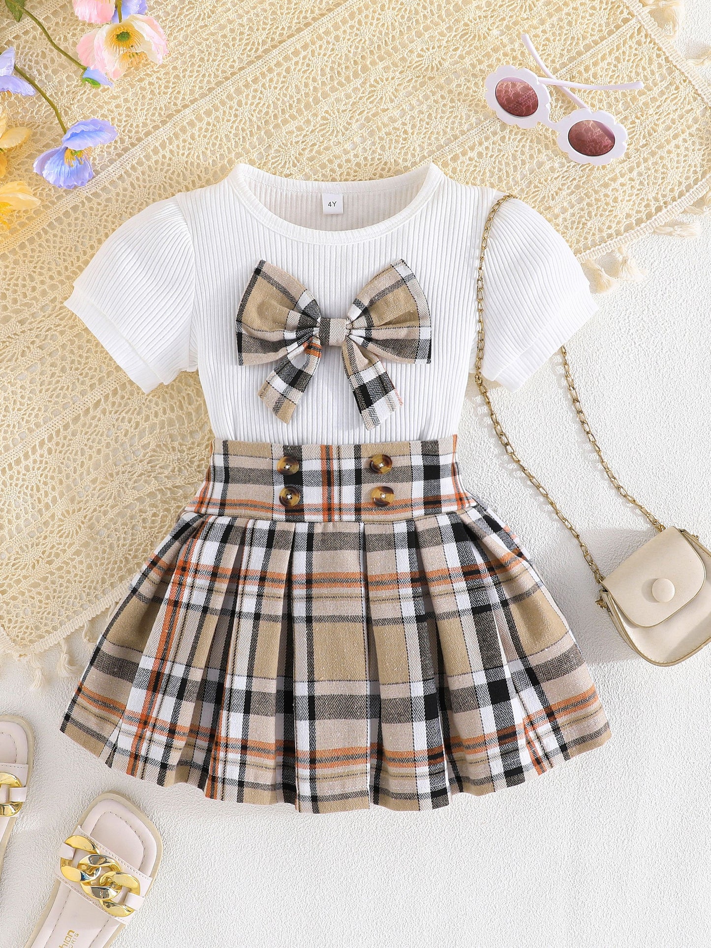 Little Girl's Plaid Bowknot Short Sleeve Top & dress