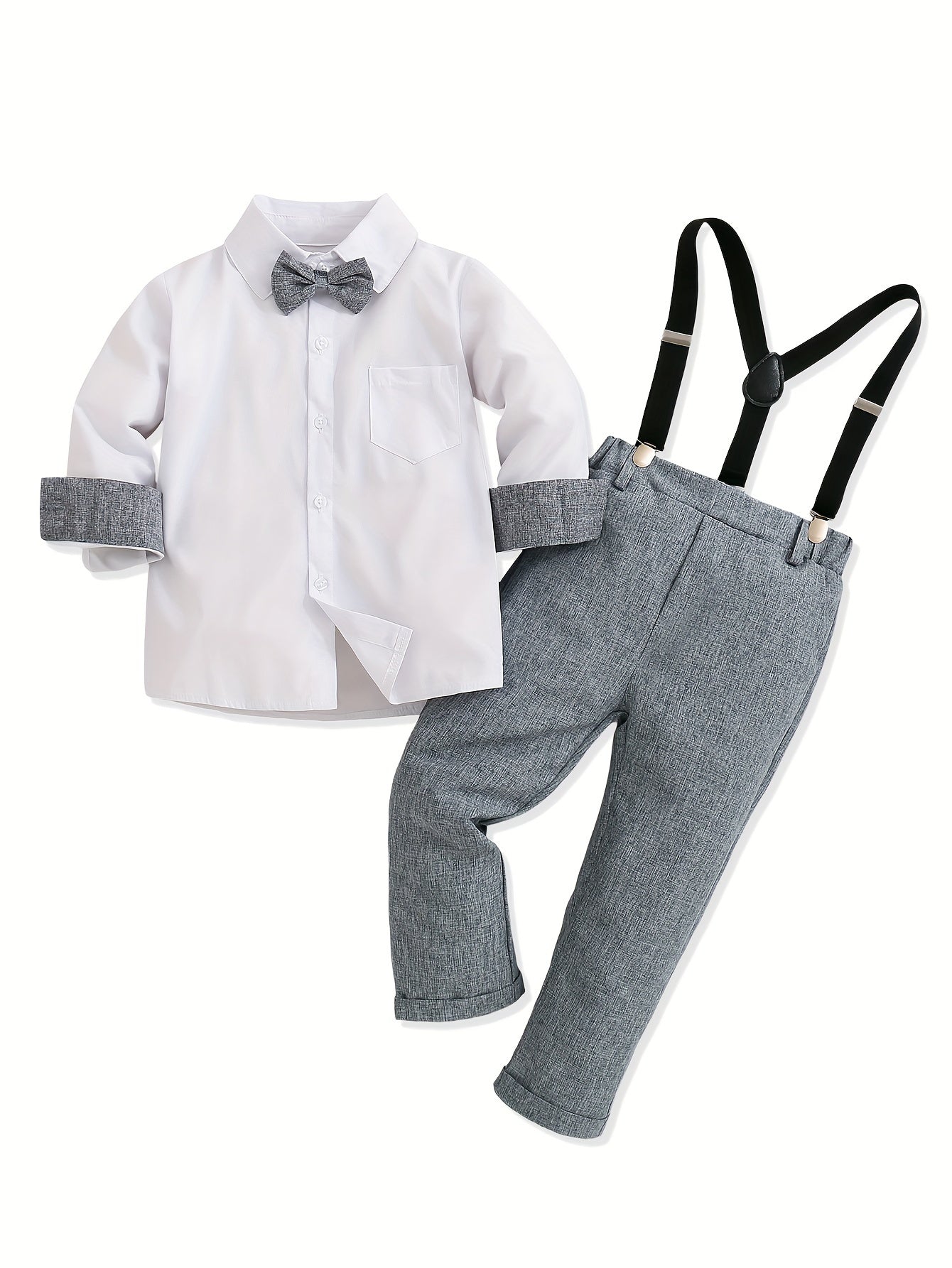 Formal Gentlemen Outfit, Long Sleeve Dress Bowtie Shirt & Suspender Pants