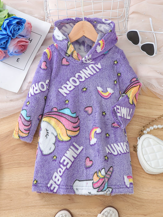 Girls Warm & Cute Long Sleeve Cartoon Flowers & Horse Rainbow & Retro Geometric Pattern Plush Hooded Dress For Fall & Winter Outdoors