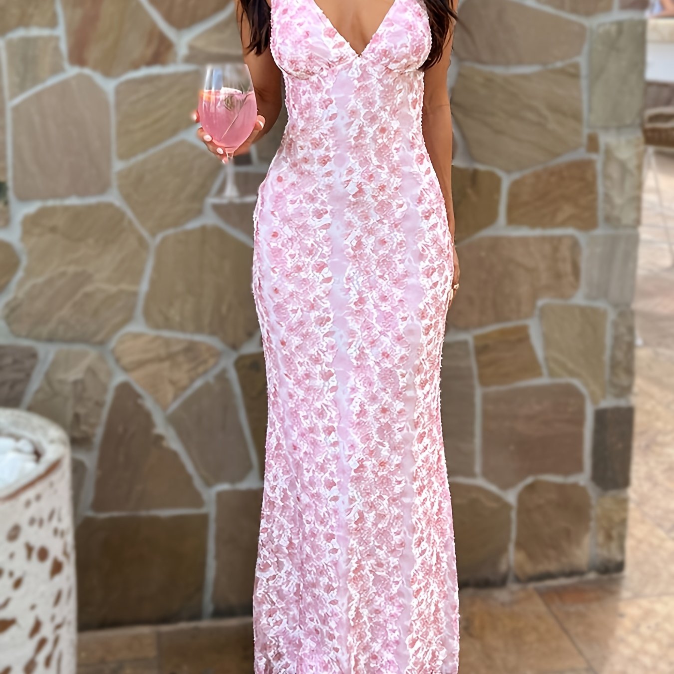 Women's Elegant Deep V-Neck Rose Veil Maxi