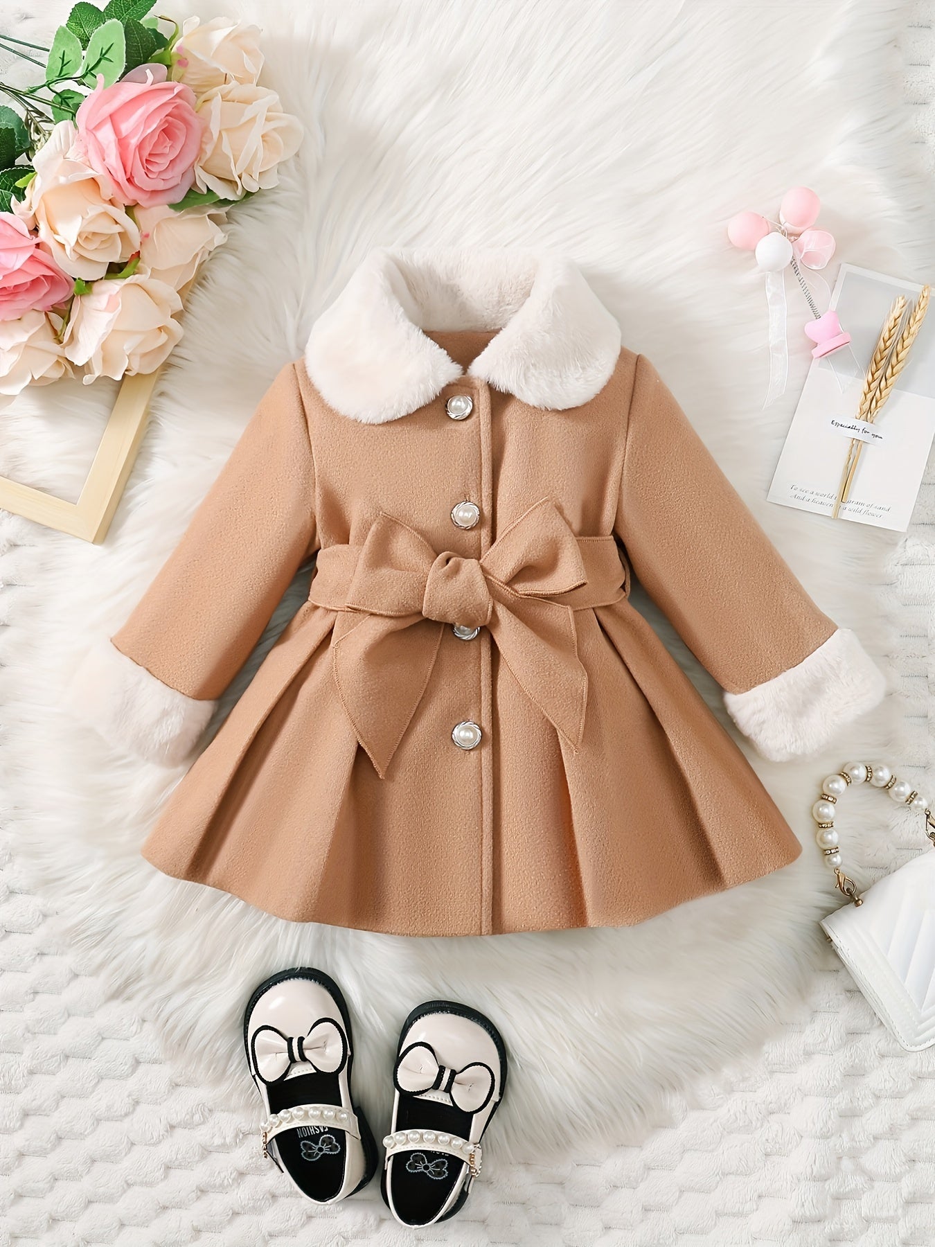 Baby's Elegant Fuzzy Collar Belted Coat, Button Front Warm Overcoat