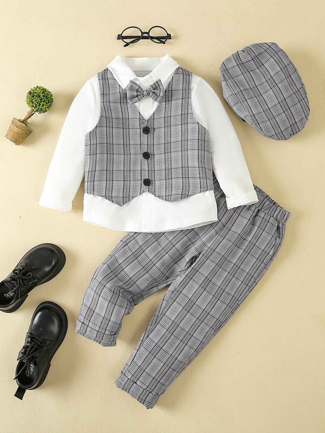 Formal Gentleman Outfits Long Sleeve Bowtie Shirt & Pants & Vest & Hat