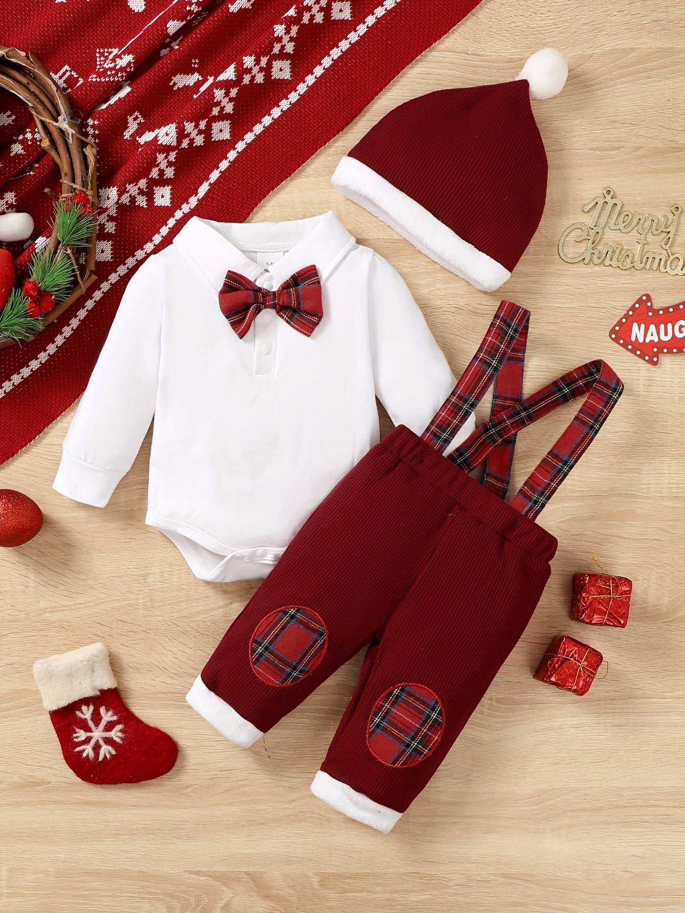 Infant Boys' Christmas Outfit Set – Long Sleeve Comfy Cotton Onesie + Plaid Suspender Pants + Christmas Hat, Cute Set