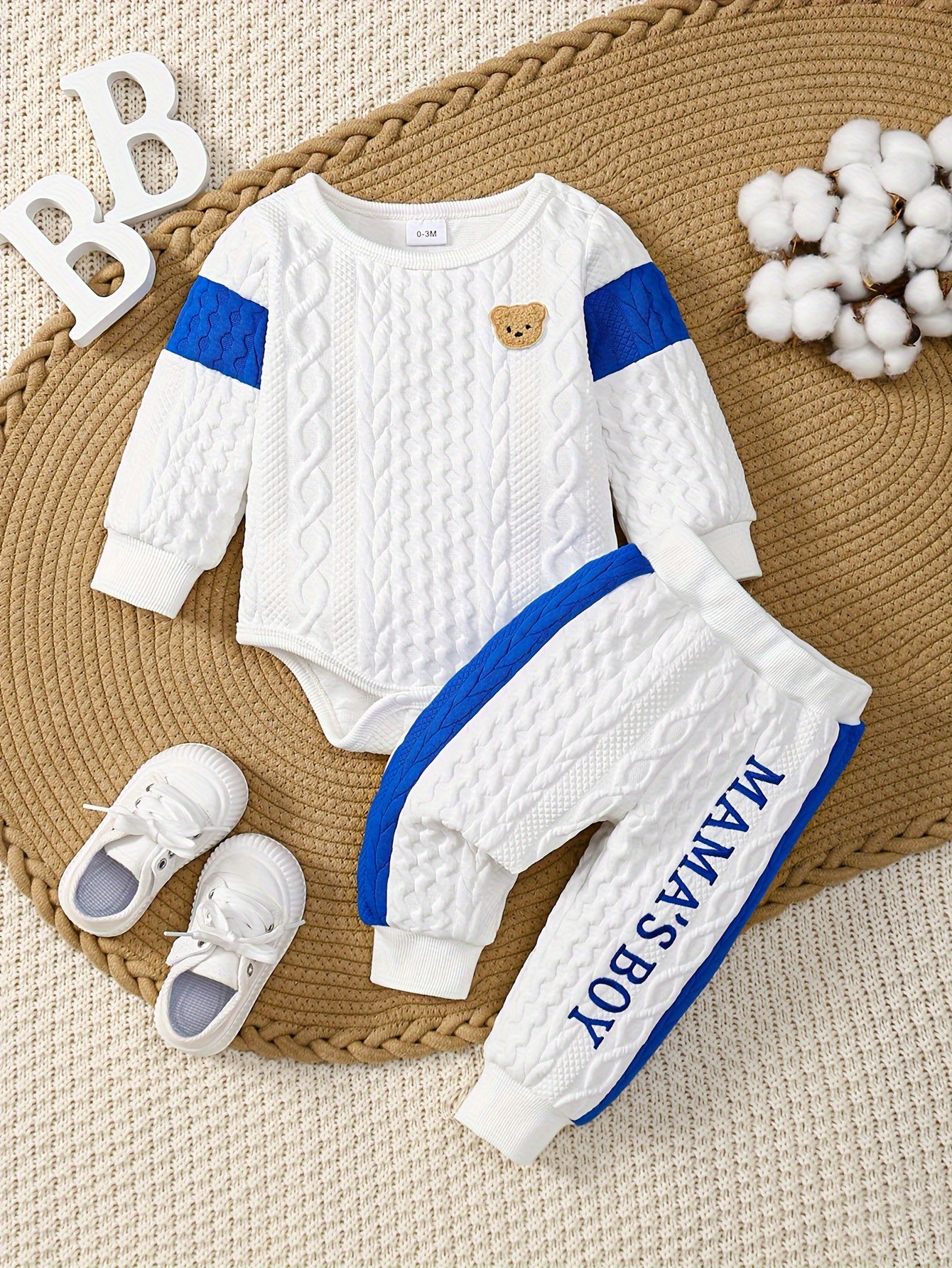 Baby Boy's Bear Applique Cable Knit Long Sleeve Onesie & "Mama's Boy" Embroidered Pants Set