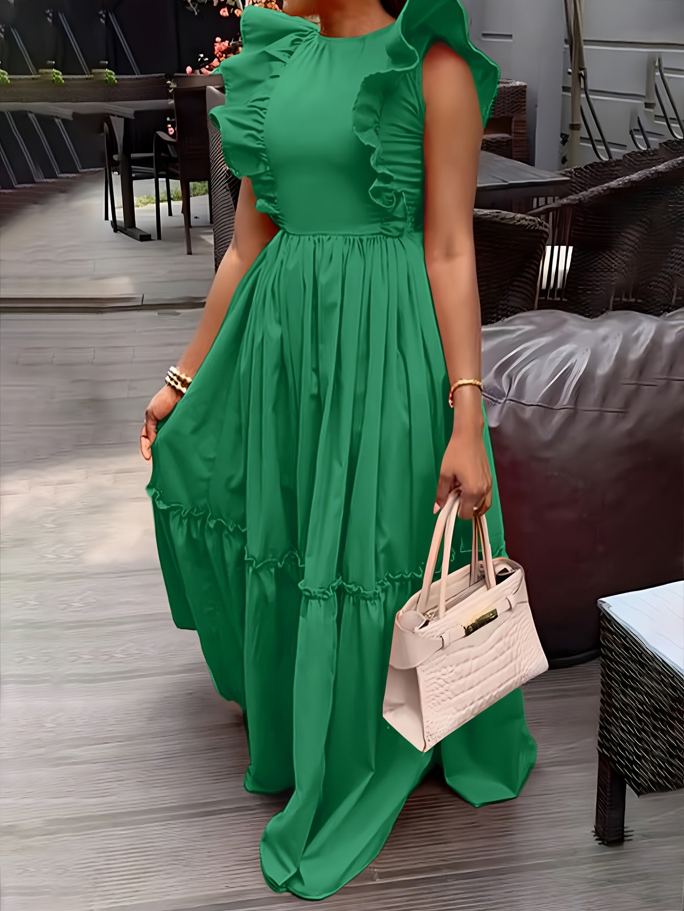 Elegant Ruffle Trimmed ALine  Round Neck, Cinched Waist Design Dress