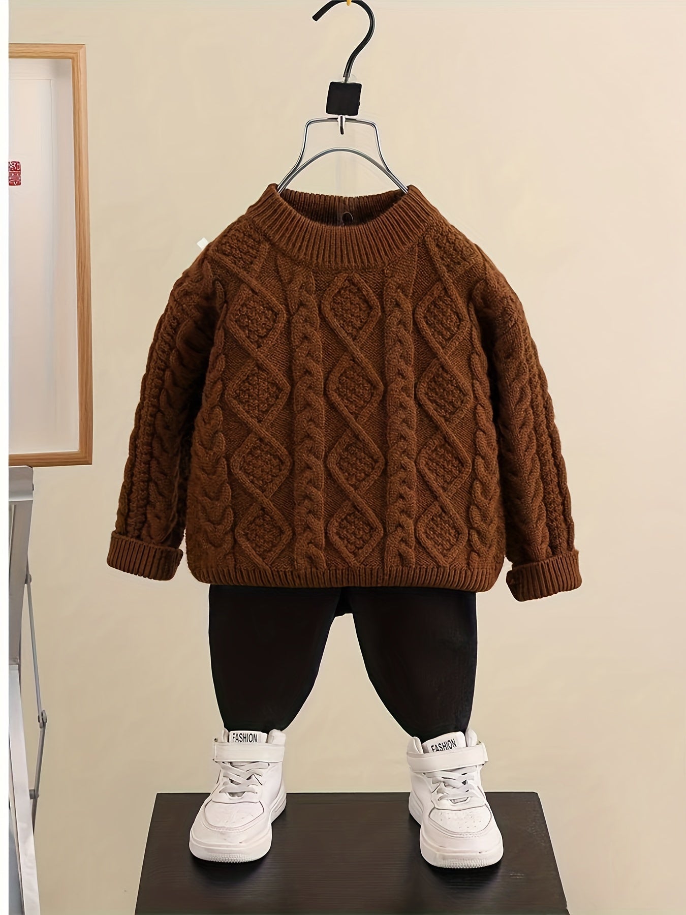 Baby Boy's Trendy Cable Knit Long Sleeves Sweater, Versatile Comfy Outdoor