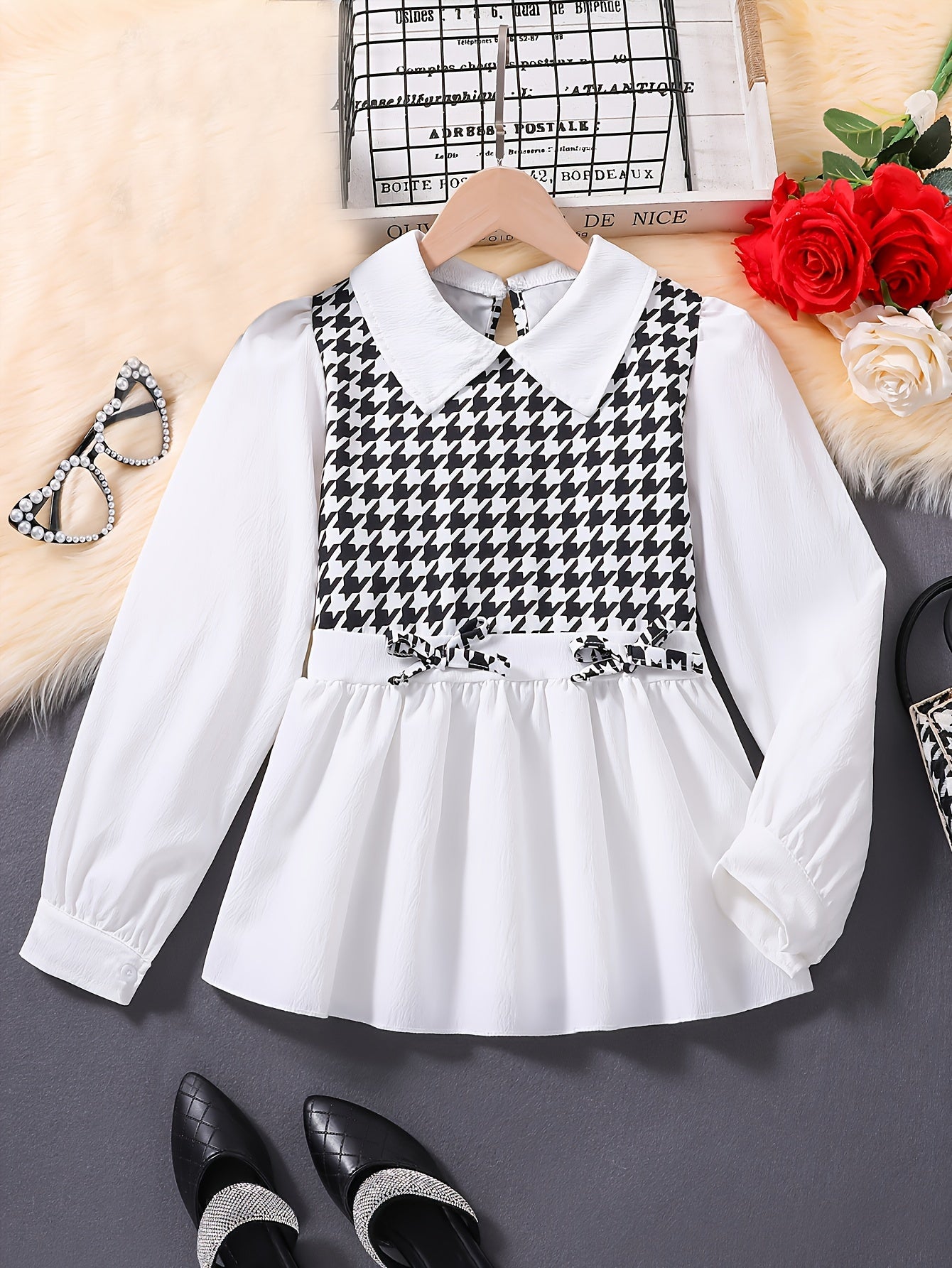 Stylish Outfit, Long Sleeve Lapel Collar Houndstooth Pattern Peplum Top & Solid Black Wide Leg Pants