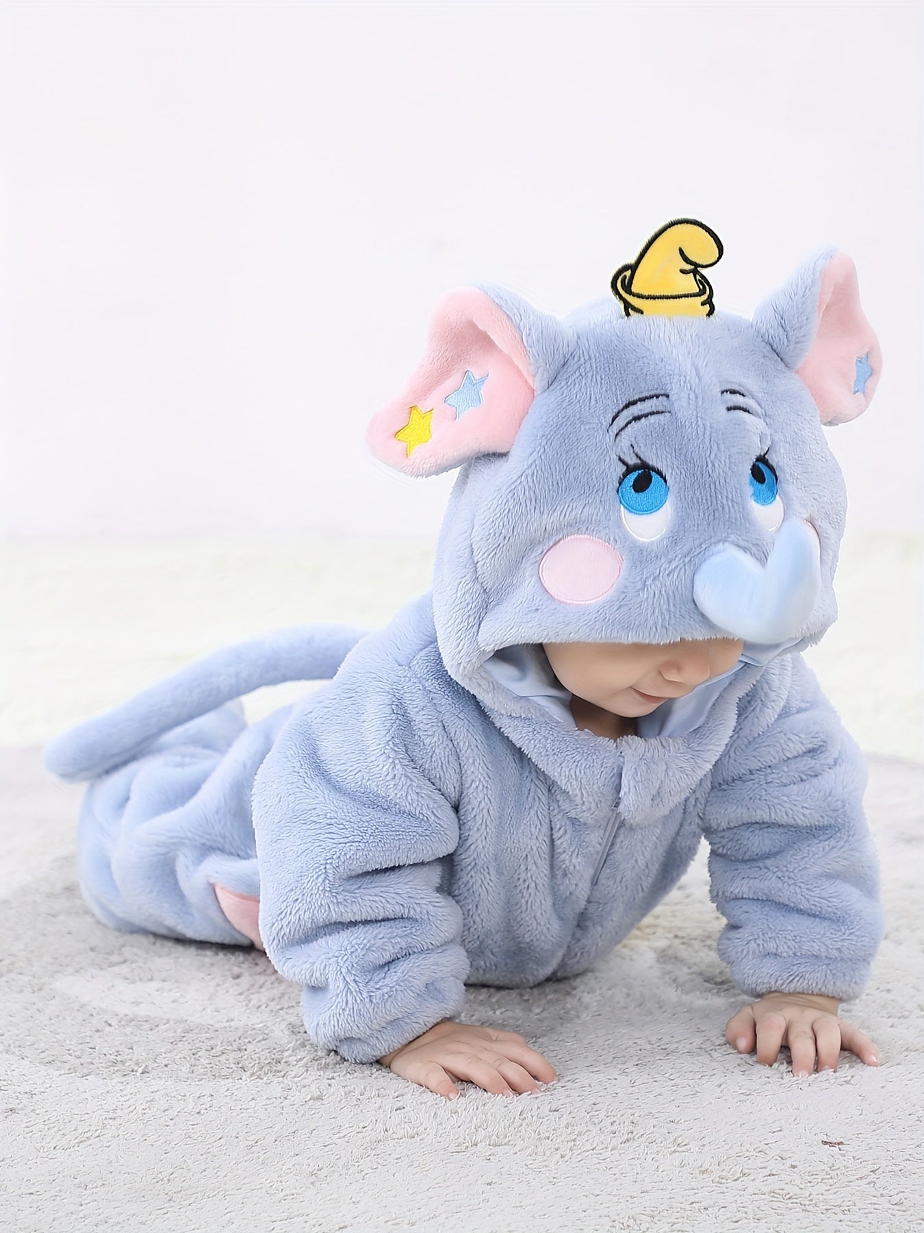 Baby Cute Blue Elephant Hooded Single Layer Onesie