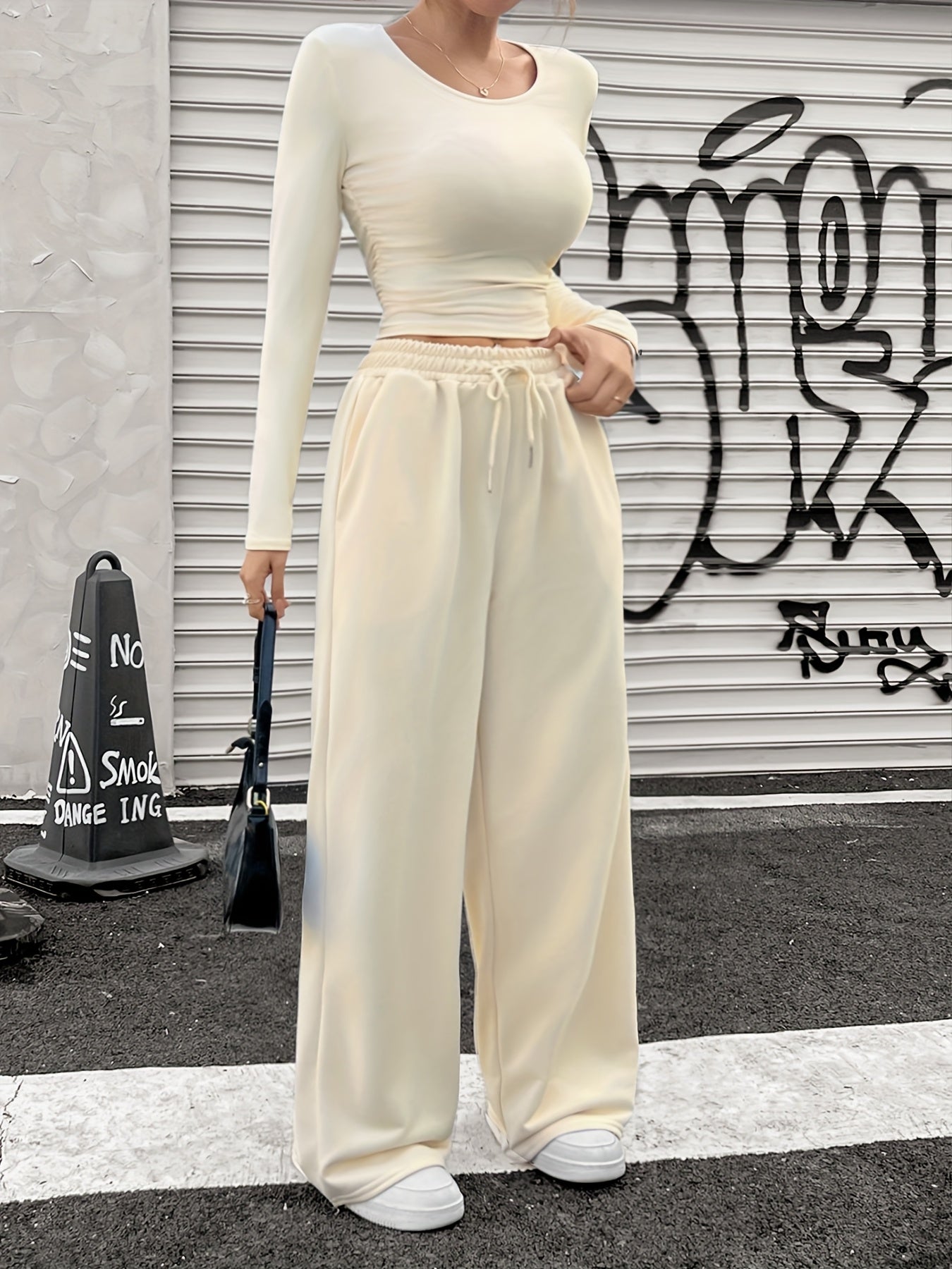 Women'S Casual Crew Neck Long Sleeve Top & Loose Wide Leg Pants Set