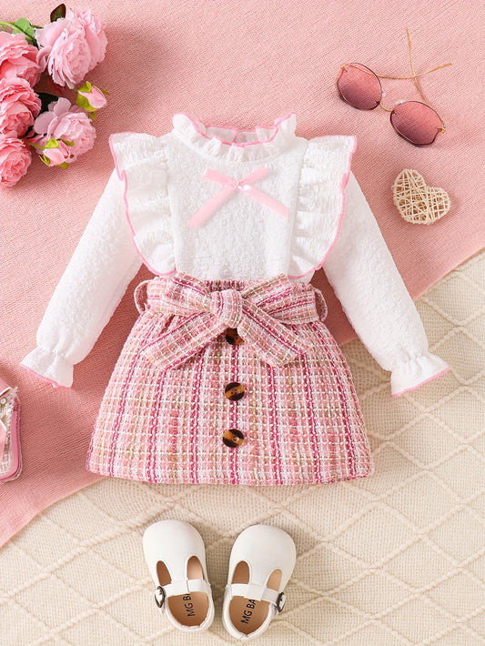 Adorable Girls' 3pcs Outfit Set: Ruffle-Trim Top, Plaid Skirt & Belt