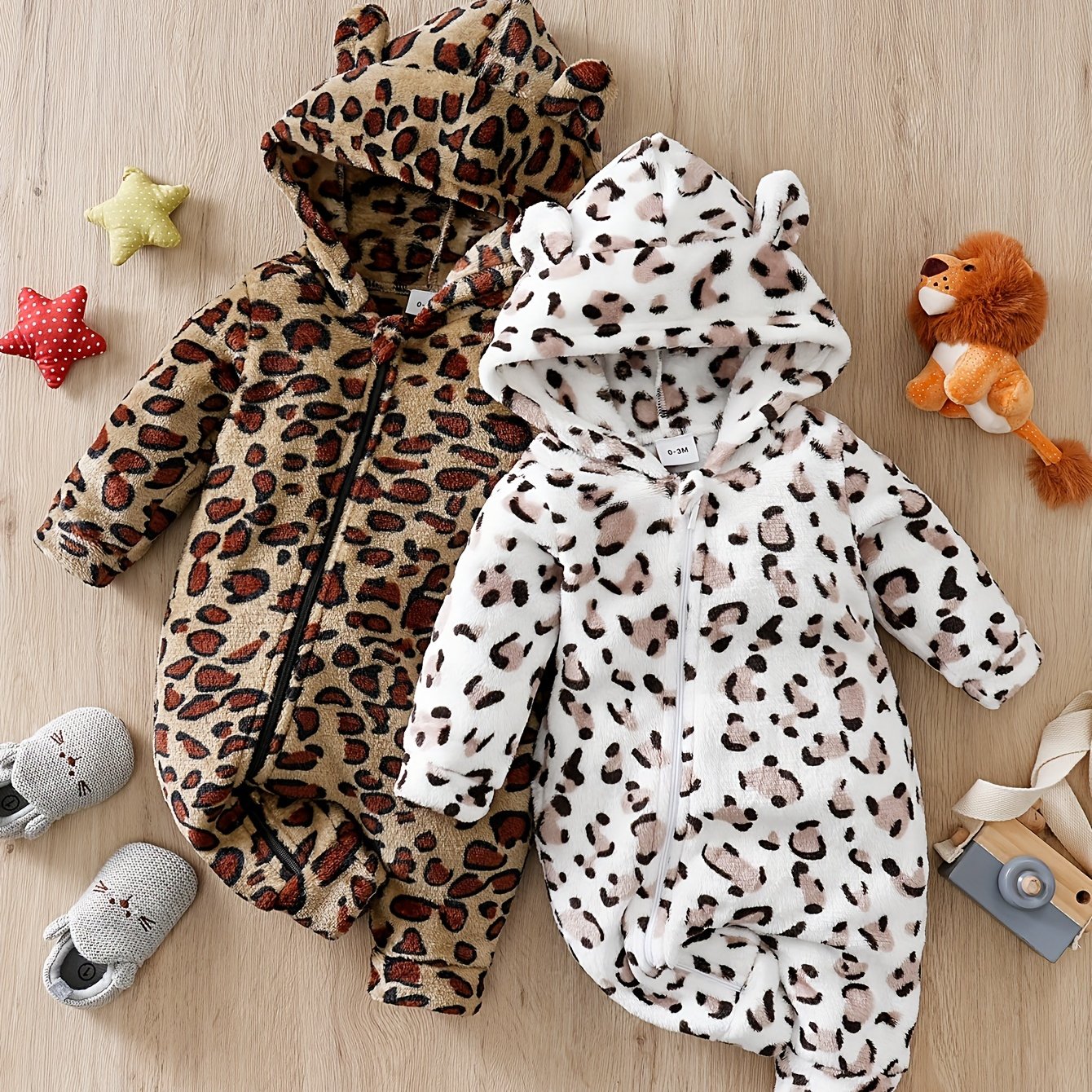 Baby's Leopard Pattern Long Sleeve Hooded Romper, Toddler & Infant Boy's Bodysuit