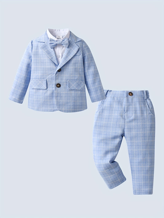 Fashion Gentleman Style Casual, Bow Tie Dress Shirt & Long Sleeve Plaid Coat & Plaid Pants Set