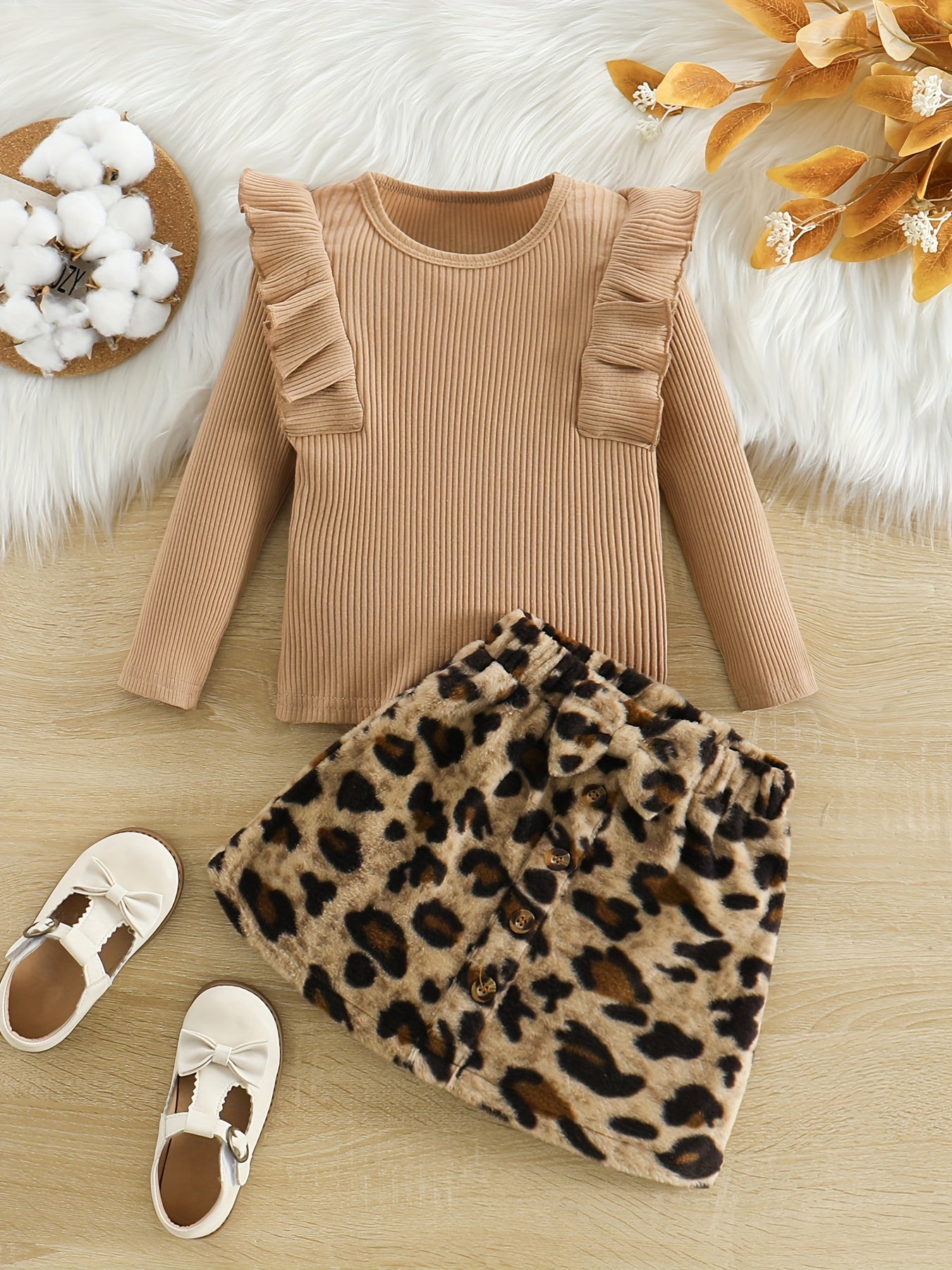 Ruffle-Trim Long Sleeve Top & Leopard Print Skirt with Floral Accents