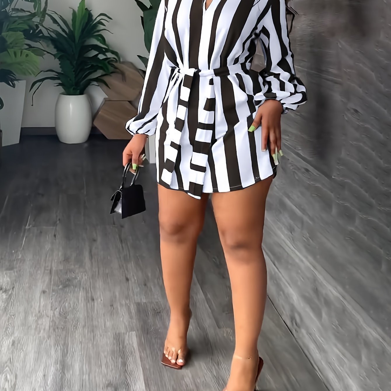 Striped Print Lantern Sleeve Dress, Casual Tie-waist Notch Neck Dress, Women's Clothing