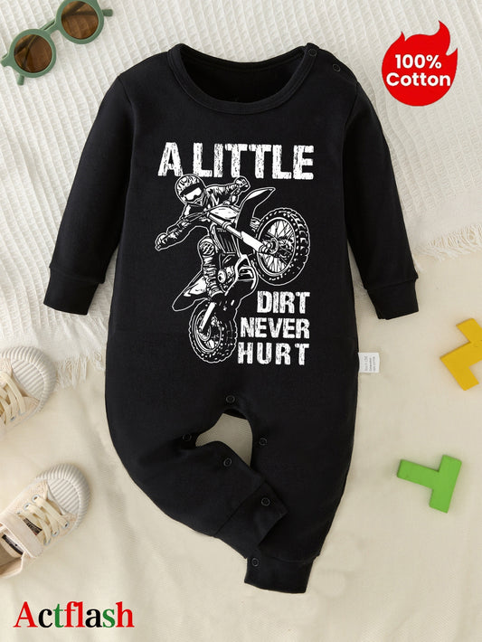 Baby Boys' Long Sleeve Romper, Cotton, Casual Style, "A Little Dirt Never Hurt" Motorcycle onesie