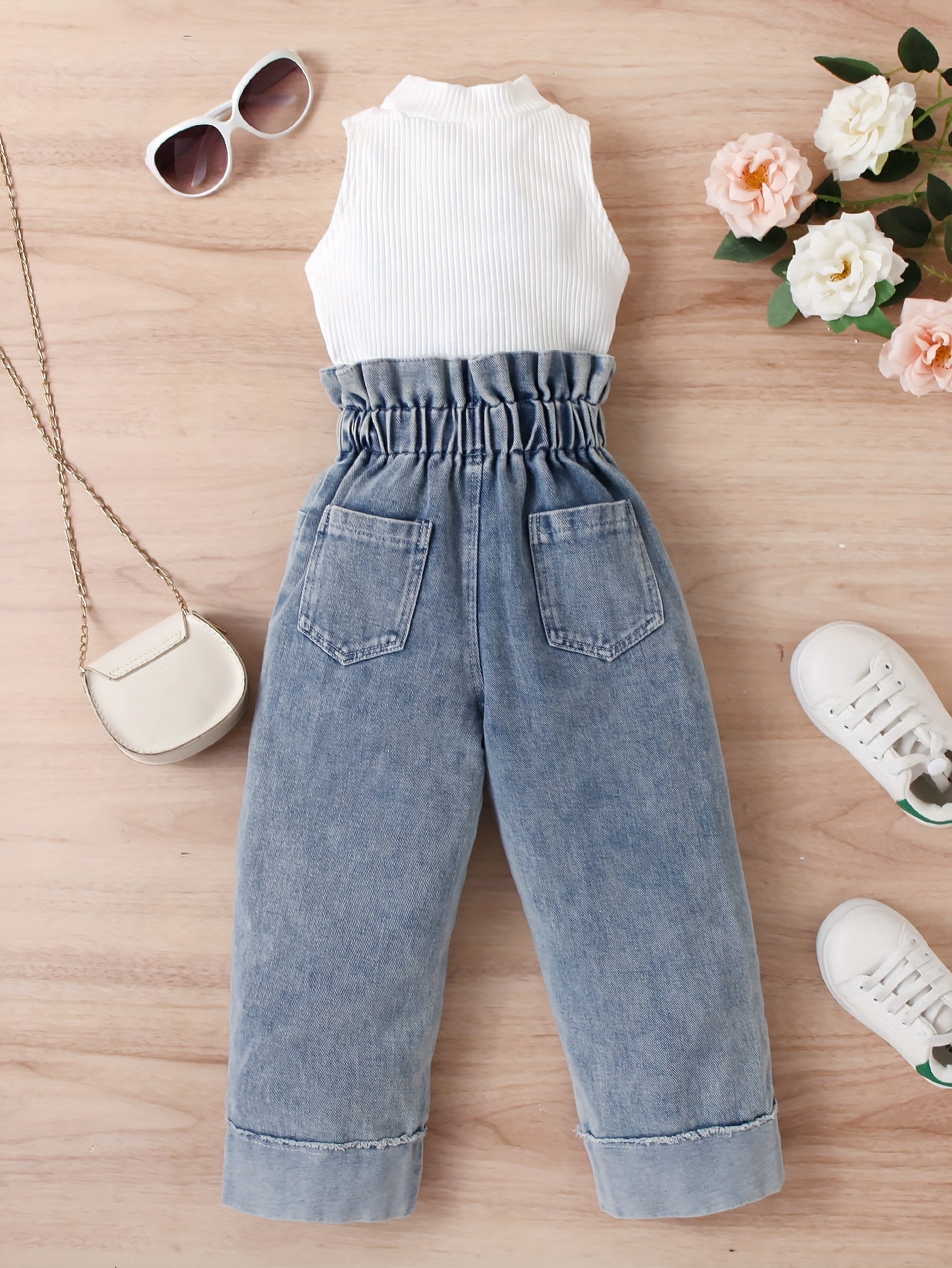 Girls Solid Sleeveless Top  Button Decor Paperbag Waist Denim Pants Set