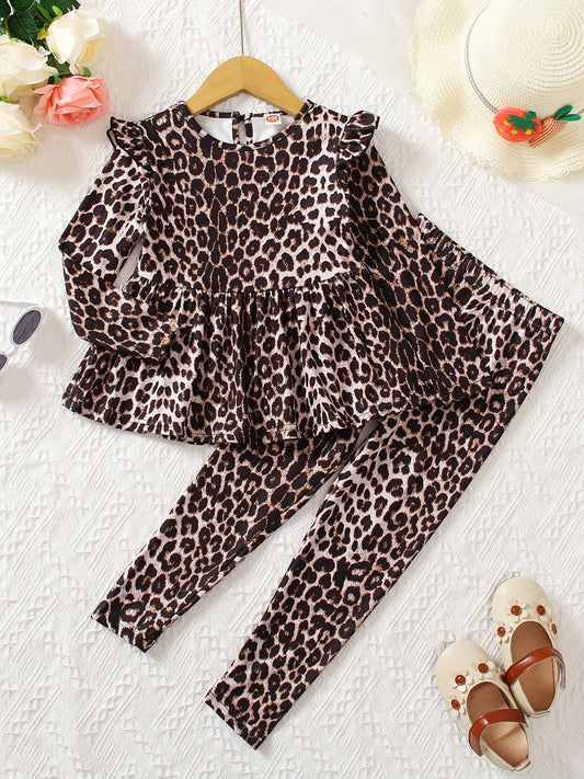 Leopard Print Long Sleeve Top & Pants Round Neck Ruffle