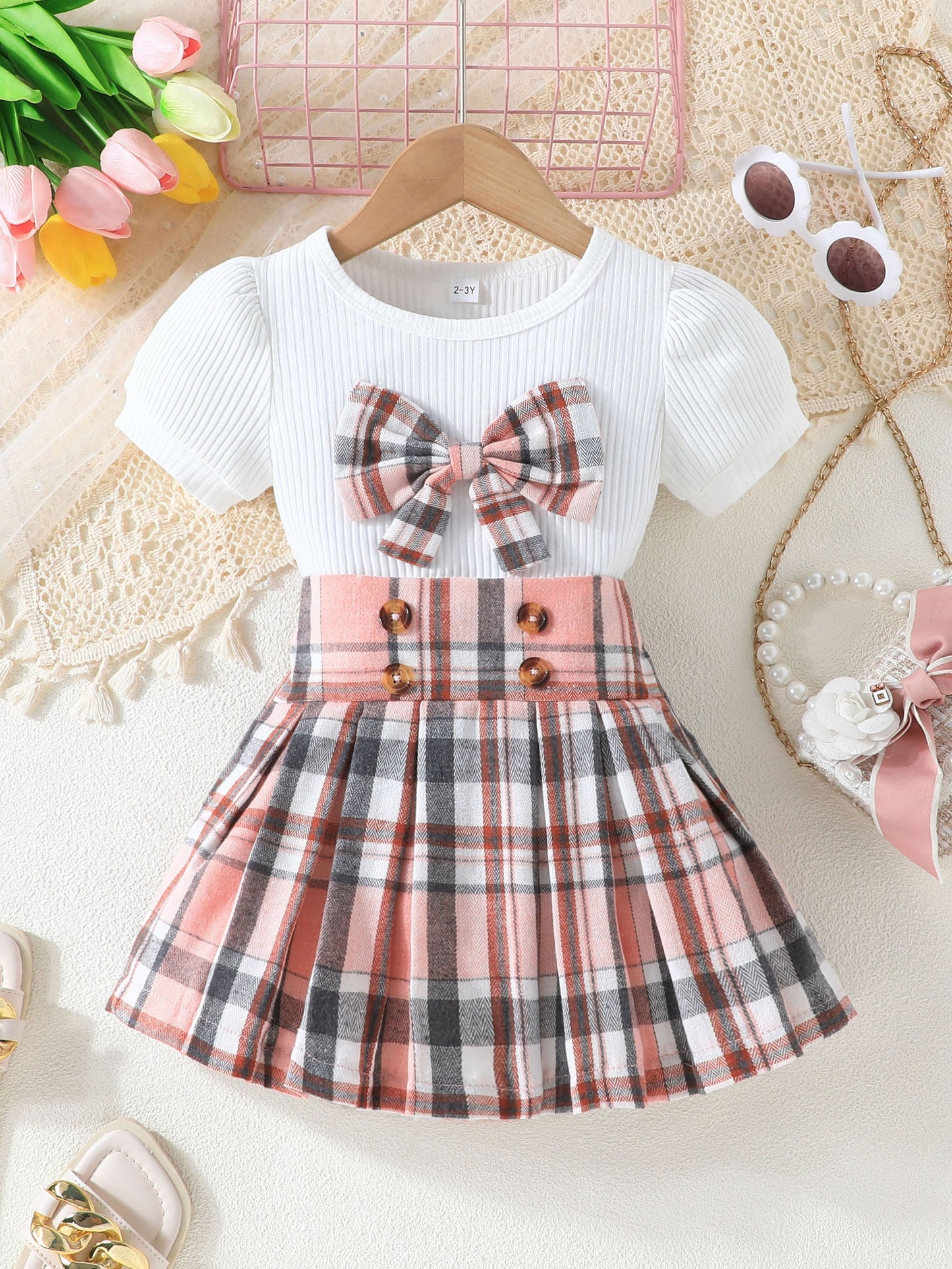 Little Girl's Plaid Bowknot Short Sleeve Top & dress