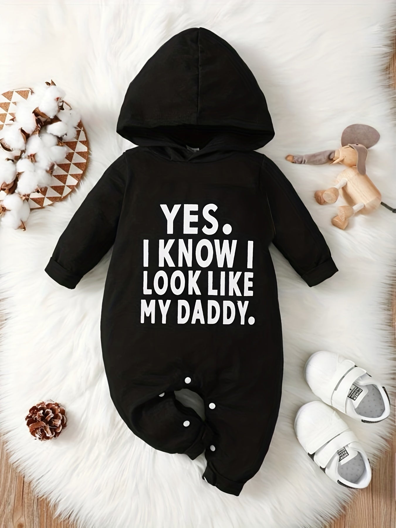 Baby's "Yes I Know I Look Like My Daddy" Print Hooded Onesies For Fall Winter Indoor And Outdoor Wear