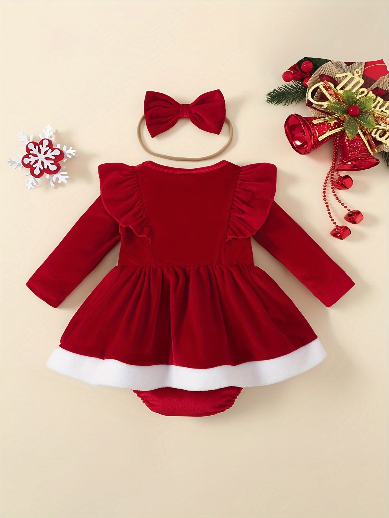 Baby Girl's Long Sleeves Jumpsuit With Skirt's Hemline & Bowknot Headscarf Set