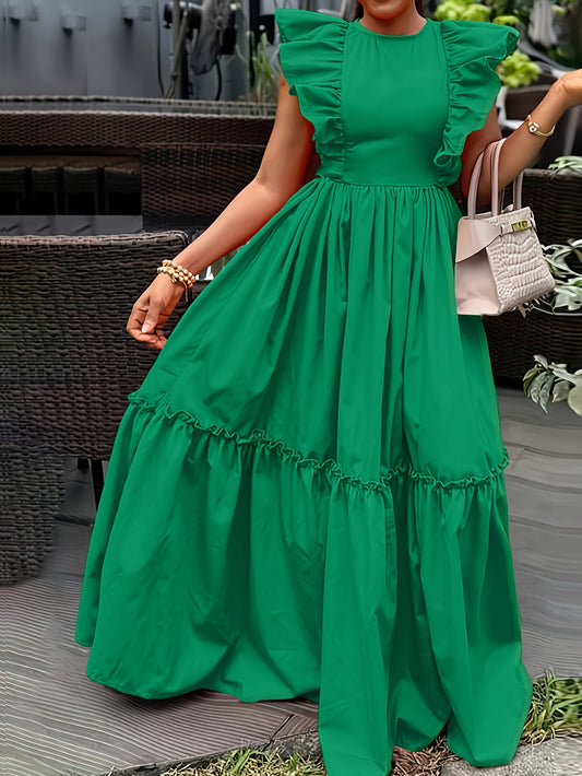 Elegant Ruffle Trimmed ALine  Round Neck, Cinched Waist Design Dress